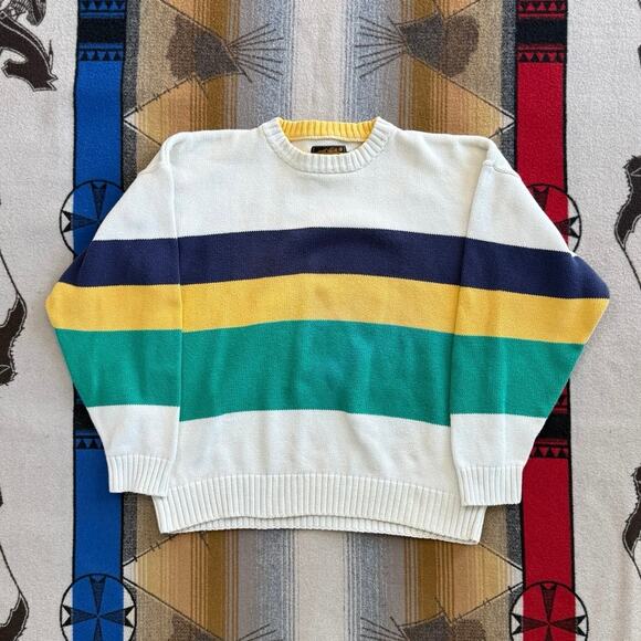 Vintage 90s Eddie Bauer Pullover Knit Sweater Size Large Striped Cotton Cottage - Picture 1 of 8